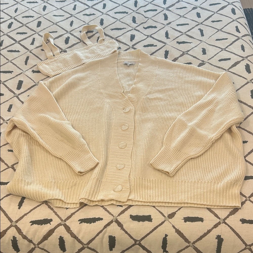 DANIELLE BERNSTEIN Cream Ribbed Button-Front Cardigan and knit bra